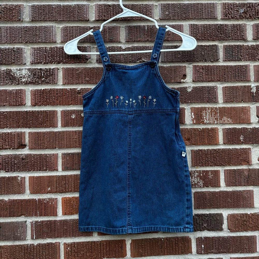 Vintage 90s Y2K McKids Cotton Toddler Girl Floral Pinafore Denim Dress Size 6